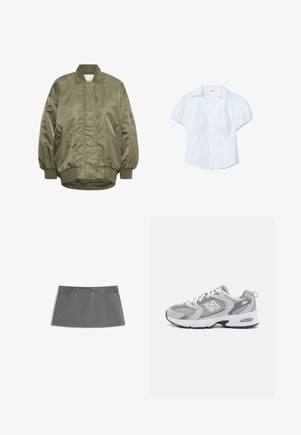 My Essential Wardrobe HELGAMW - Bomber jakna - dusty olive; Bela kratka majica s kratkimi rokavi, z strukturiranim ovratnikom, napihnjenimi rokavi in sprednjim gumbom. Ima nabran material na prsih.; Siva krila s ravnim krojem, dvema sprednjima žepoma, sprednjim gumbom za zapiranje in subtilnim teksturnim vzorcem.; Sive športne čevlje z mrežasto in semiš zgornjim delom, belimi vezalkami in črnim podplatom. Imajo izrazit logotip "N" in oblazinjen ovratnik.