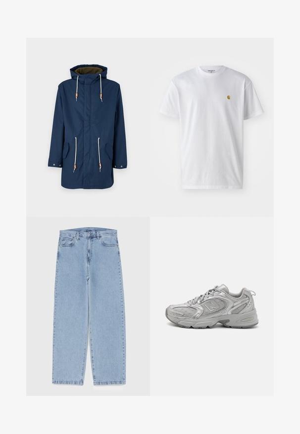 Mornarško modra nepremočljiva bunda s kapuco, nastavljivimi vrvicami, dvema sprednjima žepoma in bronastimi detajli. Gladka tekstura, sproščen dizajn.; Bela bombažna majica s kratkimi rokavi, krožnim ovratnikom, z majhnim zlatim logotipom na levem prsnem predelu. Mehka tekstura in običajen kroj.; Svijetloplave traperice s ravnim nogavicama, srednjeg struka, pet džepova te zatvaranjem na gumb i munju.; Srebrna športna copata z elegantnim dizajnom, mrežnimi paneli, oblazinjenim jezikom, teksturirano sintetično zgornjim delom in gumijastim podplatom za oprijem.