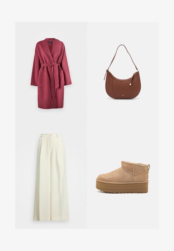 WEEKEND MaxMara ERIS - Klasszikus kabát - rosa scuro; Krém színű, kabelmintás pulóver hosszú ujjal, bordás mandzsettával és aljjal, bal mellen egy kis hímzett logóval.; Széles szárú, natúrfehér anyagú nadrág, magas derékkal, dupla redőkkel és gombos záródással. Sima textúra és igényes szabás.; Beige velúr boka csizmák puha belsővel, platform talppal és hátul elhelyezett húzófüllel az egyszerű felhúzás érdekében. Texturált gumitalp.; Barna műbőr válltáska ívelt formával, minimális varrással és arany színű kiegészítőkkel. Jellemzője a felső cipzáras záródás és állítható pánt.