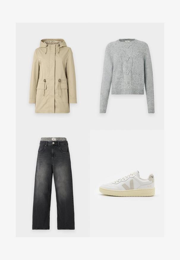 Light beige hooded jacket made of smooth material, featuring two front pockets, drawstring at the waist, and a front zipper closure.; Light grey knit sweater with long sleeves, crew neck, and central cable knit pattern on the front.; Black denim wide-leg jeans with a houndstooth patterned waistband. Features include front pockets and a button closure. Distressed texture.; White leather sneaker with beige suede accents, perforated toe box, flat laces, and a textured cream sole. Features subtle branding on heel.