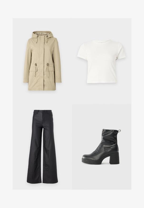 Gai bēšs kapuces džemperis, kas izgatavots no gludas materiāla, ar divām priekšējām kabatām, auklu jostas vietā un priekšējo rāvējslēdzēju.; Īsa balta T-kreklā izgatavots no kokvilnas ar īsām piedurknēm, apaļu kakla izgriezumu un taisnu apakšu, piedāvā gludu tekstūru un minimālistisku dizainu.; Melni, plata kāju bikses no mākslīgās ādas. Iespējas ietver augstu jostasvietu, jostu cilpas, divas priekšu kabatas un izšuvumu detaļas.; Melni potītes zābaki, kas izgatavoti no gludas ādas, ar sānu rāvējslēdzēju, masīvu strukturētu papēdi un noapaļotu purngalu.