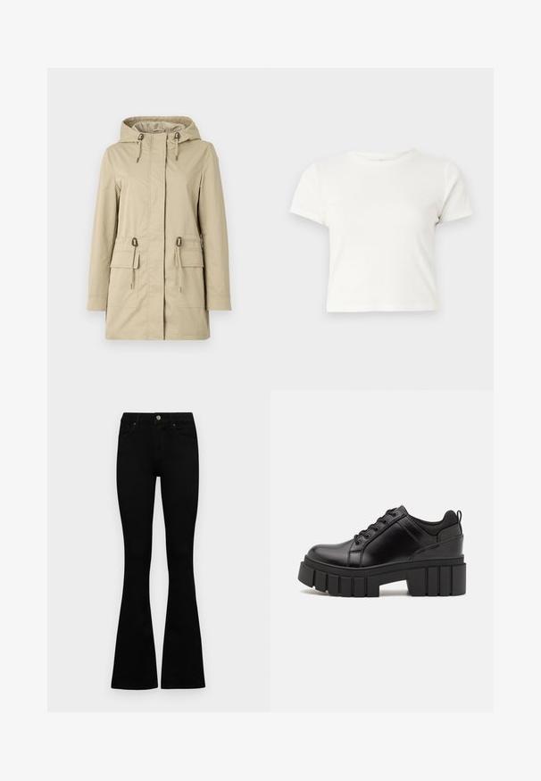 Svijetlo bež kaput s kapuljačom izrađen od glatkog materijala, s dvije prednje džepove, vezicom u struku i prednjim patentnim zatvaračem.; Kratka bijela majica izrađena od pamuka s kratkim rukavima, okruglim izrezom i ravnim rubom, koja se odlikuje glatkom teksturom i minimalnim dizajnom.; Crne traperice viskog struka s kopčanjem na gumb i rajfeslusu, prednjim džepovima i širom nogavicama položene su ravno na bijeloj pozadini.; Crne kožne platforme s debelim blok-peta, okruglim prstima i klasičnim dizajnom vezanja. Imaju gladak tekstur i minimalne detalje.