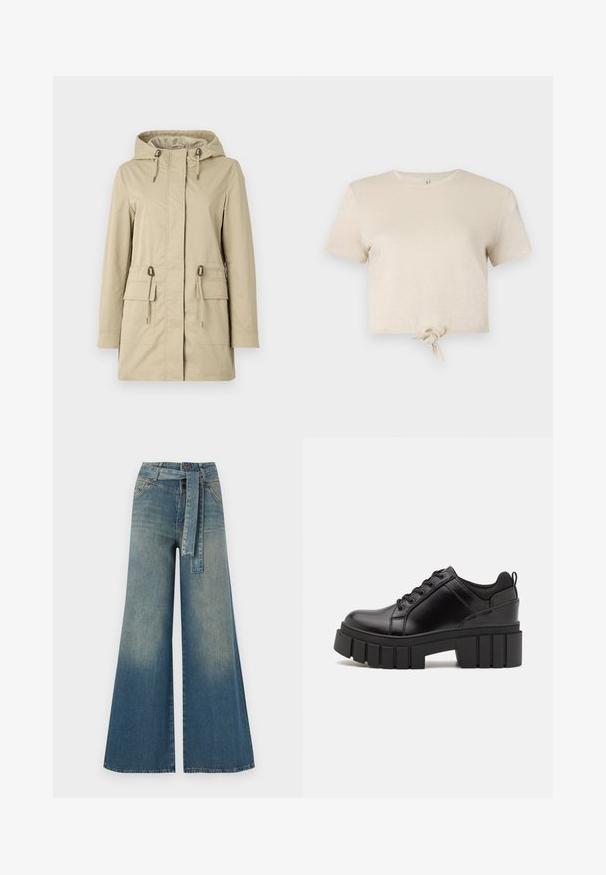 Világos bézs kapucnis dzseki, sima anyagból készült, két elülső zsebbel, derékhoz állítható zsinórral és elülső cipzárral.; Rövid ujjú, fénylő anyagból készült, cropped bézs póló, csomózott részlet a szegélyén. Simább textúra és kerek nyakkivágás.; Bőszárú farmernadrág, világos és sötétkék árnyalatokkal, magas derekú, övgyűrűkkel és a nadrággal megegyező anyagú övvel. Textúrált farmer kivitel.; Fekete bőr platform cipők vaskos blokk sarkakkal, kerek orral és hagyományos fűzős kialakítással. Simára csiszolt felület és minimális részletezés jellemzi.