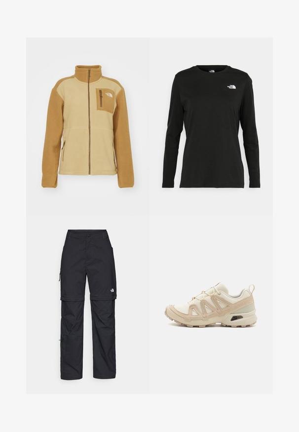 The North Face YUMIORI FULL ZIP - Casaco polar - utility brown/khaki stone; T-shirt preto de mangas longas, feito de algodão, com decote redondo. Apresenta um pequeno logótipo branco na área esquerda do peito. Design simples e ajuste confortável.; Calças cargo pretas em nylon com fechos de correr removíveis, punhos ajustáveis, múltiplos bolsos e um logótipo na perna direita. Textura suave e leve.; Sapatilha atlética beige e creme com parte superior em malha texturizada, sobreposições de suporte e sola de borracha com um padrão de cravo para tração.