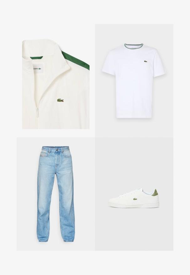 Balta užtrauktuku užsegama striukė su žaliais tinkliniais akcentais ant pečių ir mažu žaliu krokodilo logotipu ant krūtinės. Lengvas audinys.; Balta medvilninė trumpo rankovės marškinėliai su įsiūtu apykakle, dekoruota žaliais ir juodais dryžiais; mažas žalias siuvinėtas logotipas kairėje krūtinės pusėje.; Šviesiai mėlyni džinsai, pagaminti iš džinsinio audinio, turi tiesų kirpimą, penkių kišenių dizainą ir matomą mygtukinę užsegimą su kontrastingu siuvimu.; Baltos sportiniai bateliai su lygaus paviršiaus tekstūra, kuriuose yra žalias akcentas kulne ir mažas siuvinėtas krokodilo logotipas šone.