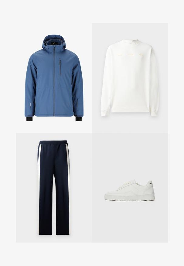 Blå vattentät jacka med hög krage, zip-försedd bröstficka och justerbara ärmslut. Tillverkad av hållbart, slätt material utan synliga mönster.; Vit sweatshirt med rund halsringning, långa ärmar och ribbad mudd. Har guldtryckt text över bröstet: "HZW (25-26) HOLZWEILER THE SUN."; Mörkblå träningsoverallbyxor med en bred bendesign, med vertikala krämfärgade ränder längs sidorna. Tillverkade av mjukt, texturerat tyg med elastisk midja.; Vita lädersneakers med en jämn yta, rund tå, platta snörningar och en strukturerad sula. Har en diskret logotyp på hälen.