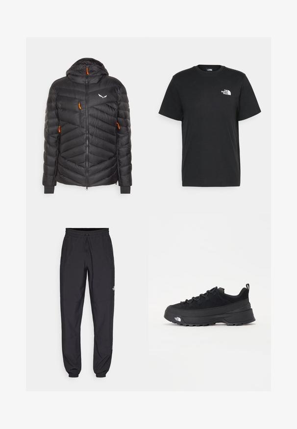 Casaco acolchoado preto com capuz, apresentando padrões de quilt horizontal e diagonal, puxadores de fecho éclair laranja e um logotipo branco no peito.; T-shirt de algodão preto com mangas curtas, decote redondo e um pequeno logótipo branco no lado esquerdo do peito. Design simples, textura suave e corte relaxado.; Calças atléticas pretas feitas de tecido leve, com um cós ajustável por cordão, bolsos laterais e punhos afunilados nos tornozelos.; Sapatilha de exterior preta com parte superior em camurça, sola de borracha texturizada e sistema de atacadores robusto. Apresenta um calcanhar reforçado e o logótipo da marca na lateral.