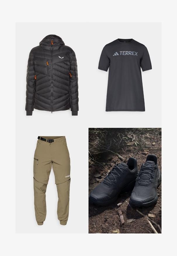 Schwarze Puffjacke mit Kapuze, die horizontale und diagonale Steppmuster aufweist, orangefarbene Reißverschlusszüge hat und ein weißes Logo auf der Brust trägt.; Schwarzes T-Shirt mit kurzen Ärmeln aus leichtem Stoff, mit einem hellgrauen "TERREX"-Logo auf der Brust und einem Rundhalsausschnitt.; Khaki Outdoor-Hosen mit verstellbarem schwarzen Gürtel, Reißverschlusstaschen, schmal zulaufenden Bündchen und abnehmbaren unteren Beinen für vielseitige Stylingmöglichkeiten.; Schwarze Sportschuhe mit einem strukturierten Strickobermaterial, verstärkter Zehenkappe und gepolsterten Sohlen, die auf erdigem Boden mit verstreuten Zweigen präsentiert werden.