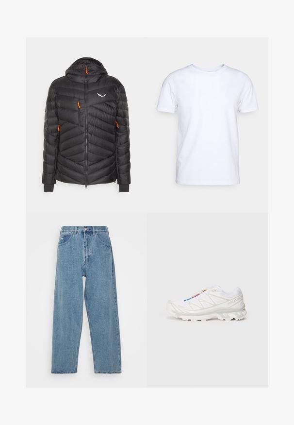 Giacca a vento nera con cappuccio, caratterizzata da motivi a trapunta orizzontali e diagonali, con tirazip arancioni e un logo bianco sul petto.; T-shirt bianca a maniche corte in cotone con scollatura rotonda. Design semplice senza fantasie o accenti. Texture liscia.; Jeans in denim azzurro chiaro con vita alta e vestibilità rilassata, dotati di due tasche frontali, una tasca a toppa sul retro e chiusura con bottone.; Scarpa da ginnastica bianca con tomaia in rete testurizzata, dettagli riflettenti e suola ammortizzata. Logo del marchio ben visibile sul lato.