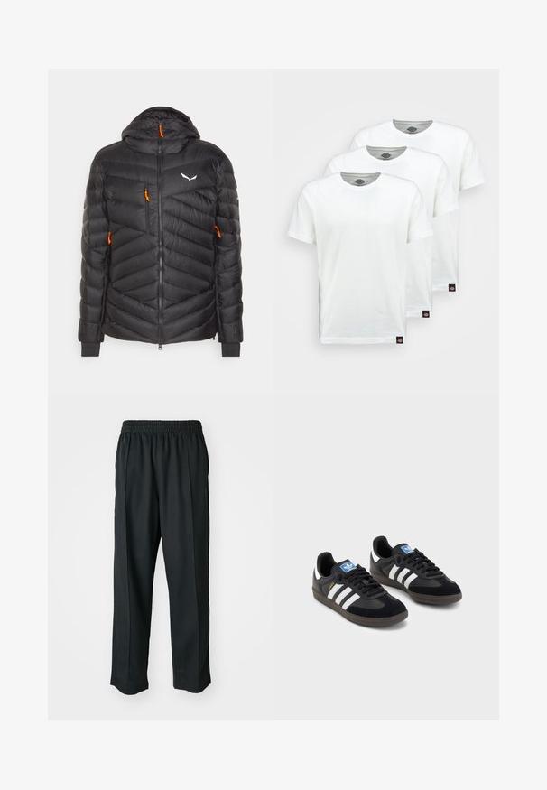 Black puffer jacket with a hood, featuring horizontal and diagonal quilted patterns, orange zipper pulls, and a white logo on the chest.; Three plain white cotton t-shirts with short sleeves. Each shirt features a round neckline and a small black logo tag on the left side.; Black athletic pants with an elastic waistband, made of smooth fabric, featuring subtle side stitching and a relaxed fit, straight leg design.; Black sneakers with a suede and synthetic upper, featuring three white stripes, textured rubber sole, and blue logo tag on the tongue.