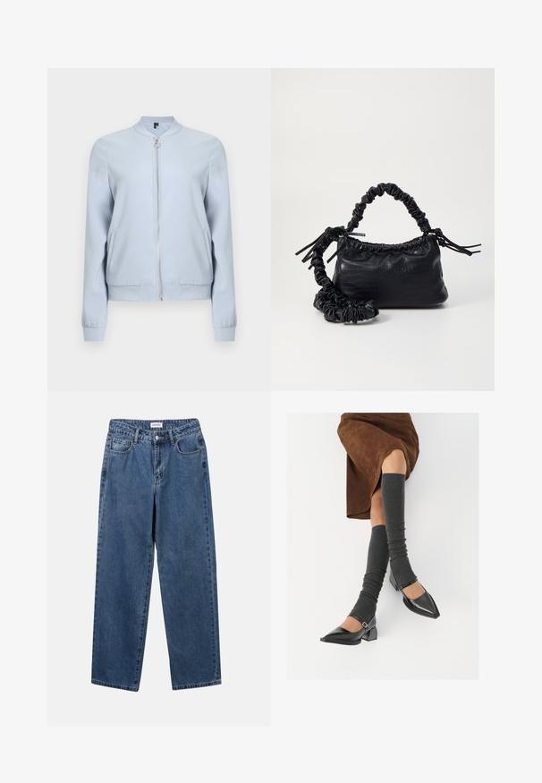 Veste bomber bleu clair avec col et poignets en maille, dotée d'une fermeture éclair frontale, de poches latérales et d'une texture de tissu lisse.; YAS YASMILLE - Polo - black/star white; Jean en denim bleu classique avec une coupe droite, cinq poches et une fermeture par bouton. Présente un lavage moyen et une texture robuste.; Chaussures à bout pointu en cuir verni noir avec un talon bloc et une bride à la cheville, accompagnées de jambières en maille grise et d'une jupe en daim marron.; Sac à main en simili cuir noir avec une texture crocodile, un dessus resserré et une sangle froncée. A l'apparence douce et compacte.