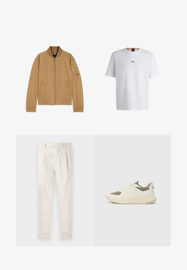 Beež bomberjakk soonikkoelise kraega, eest lukuga, küljetaskutega ja lukuga varrukataskuga, mis on kaunistatud ümmarguse logosildiga. Sile tekstuur.; Valge puuvillane T-särk lühikeste varrukatega, millel on must "BOSS" logo, mis on keskendatud rinnale, ja ümmargune kaelaava disain.; Valged volditud püksid, mis on kohandatud sobivusega, sujuva tekstuuriga, vööloopidega ja kitsenevate jalgadega. Pole nähtavaid taskuid ega mustreid.; Valge ja heledat beeži värvi spordijalats, millel on õhuke võrkmaterjal, perforatsioonidega detailid ning tekstuuriga vahetald, millel on brändi logo kannaosas.