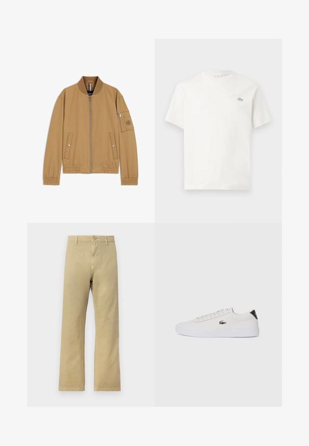 Ruskean beige bomber-takki, jossa on resorikaulus, etuvetoketju, sivutaskut ja vetoketjullinen käsivarsitasku, jossa on pyöreä logopatchi. Sileä tekstuuri.; Valkoinen puuvillainen t-paita lyhyillä hihoilla, jossa on huomaamaton brodeerattu logo ja minimalistinen muotoilu. Pehmeä tekstuuri, pyöreä pääntie.; Vaaleanbeige suorat chinot, jotka on valmistettu pehmeästä puuvillakankaasta. Niissä on etupainike ja sivutaskut.; Valkoinen nahkakenkä pyöreällä varvalla, nauhakiinnitys edessä ja musta kantapään korostus. Sivussa pieni brodyoitu krokotiililogo.