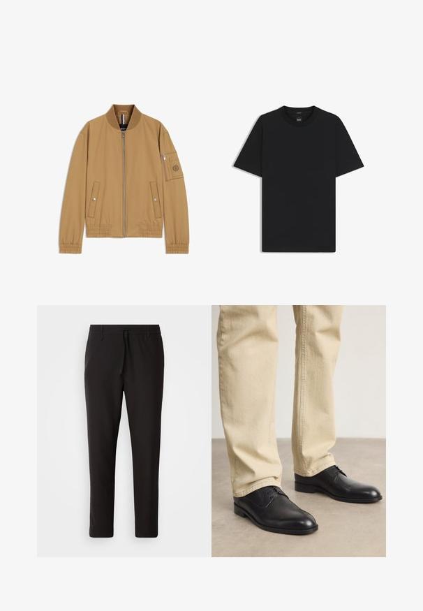 Tan bomberjack met een geribbelde kraag, ritssluiting aan de voorkant, zijzakken en een met rits afsluitbare zak op de mouw met een ronde logo-patch. Gladde textuur.; Zwarte korte mouwen T-shirt van een gladde katoenmix, met een ronde halslijn en een minimalistisch ontwerp zonder patronen of accenten.; Zwarte joggingsbroek van gladde stof. Kenmerkt zich door een elastische tailleband met een trekkoord, taps toelopende benen en geen zichtbare zakken. Eenvoudig ontwerp.; Zwarte leren veterschoenen met een ronde neus, een gladde afwerking en subtiele stikdetails, gedragen met lichtbeige broeken.