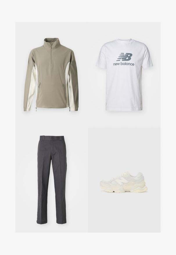 Lightweight pullover in olive green and cream, featuring a high collar, zip closure, side pockets, elastic cuffs, and contrasting side panels.; White cotton t-shirt featuring a gray "NB" logo and "new balance" text, short sleeves, classic crew neck design, smooth texture.; Dark gray trousers made of cotton blend, featuring a straight-leg design, front pockets, and a button closure at the waist.; Lightweight sneaker featuring a mesh and suede upper in soft cream tones, with a chunky sole and three-dimensional accents.