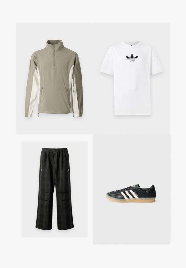 Lekki sweter w kolorze oliwkowym i kremowym, wyposażony w wysoki kołnierz, zamek błyskawiczny, boczne kieszenie, elastyczne mankiety oraz kontrastowe panele boczne.; Biała bawełniana koszulka z krótkim rękawem, z czarnym logo Adidas na środku. Klasyczny fason z okrągłym dekoltem. Gładka tekstura.; Czarne spodnie w kratę z elastycznym pasem, dwoma przednimi kieszeniami i luźnym krojem ze prostymi nogawkami. Wykonane z lekkiego materiału.; Czarne sportowe sneakersy z białymi paskami, teksturowana tkanina, gładki skórzany czubek i podeszwa z gumy. Ma logo na języku.