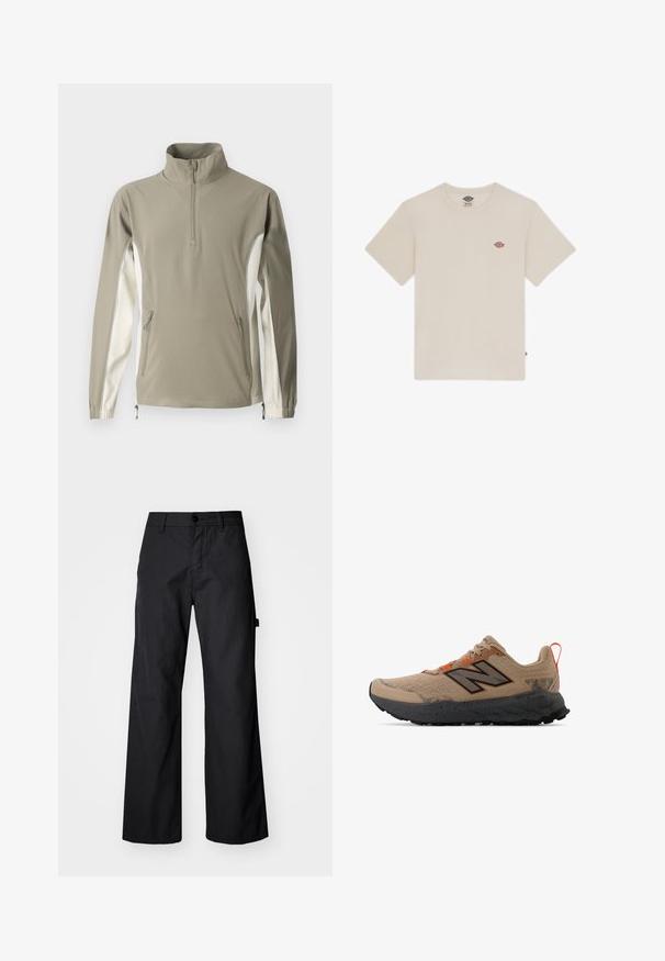 Pulover ușor în verde măsliniu și crem, cu un guler înalt, închidere cu fermoar, buzunare laterale, manșete elastice și panouri laterale contrastante.; Tricou din bumbac de culoare crem, cu mâneci scurte, decolteu rotund și un mic logo brodat multicolor pe piept.; Pantaloni negri, cu picioare largi, dintr-o țesătură durabilă. Prezintă un închizător cu buton și buzunare laterale. Textură netedă, cu un design curat.; Pantofii sport bej cu detalii negre, superior din plasă, talpă intermediară pistruiată și șireturi portocalii strălucitoare. Talpă exterioară neagră cu caneluri pentru tracțiune.