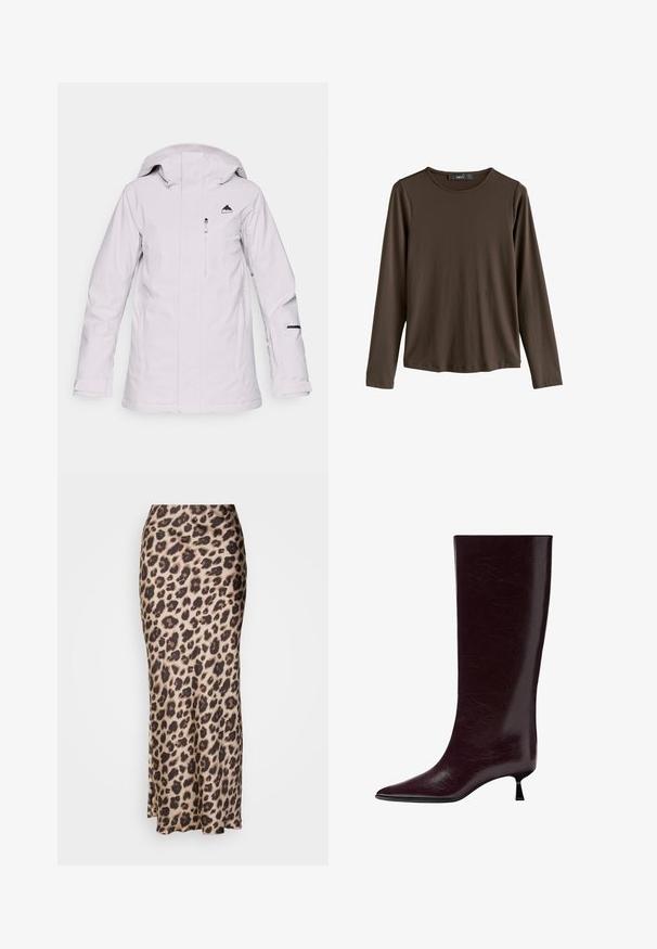 Světle šedá voděodolná bunda se zipem vpředu, nastavitelnou kapucí a černým logem na hrudi. Obsahuje kapsy se zipem a černé akcenty.; Hnědá dlouhá košile s dlouhým rukávem vyrobená z hladké tkaniny. Má kulatý výstřih a rovný lem, bez viditelných vzorů nebo akcentů.; Midi sukně s leopardím vzorem vyrobená z hladké saténové tkaniny. Má přiléhavý střih a mírný rozparek na dolním lemu pro snadný pohyb. V neutrálních béžových a hnědých tónech.; Dlouhý až po kolena burgundský kožený bot s elegantním texturovaným povrchem, špičatou špičkou a tenkým, vrstveným podpatkem pro zvýšenou výšku.