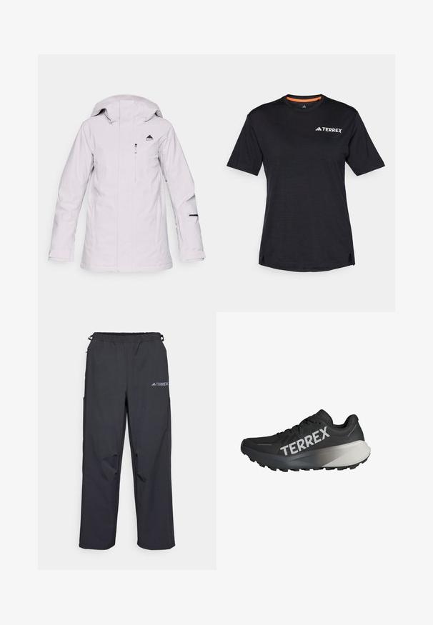 Svetlo siva nepremočljiva jakna z zadrgo spredaj, nastavljivo kapuco in črnimi logotipi na prsih. Ima žepke z zadrgo in črne detajle.; Črna kratkosleča majica s krocnim ovratnikom, ki ima subtilno heather teksturo in belo "TERREX" logo na zgornji levi strani.; Črne lahke hlače za prosti čas z elastičnim pasom, stranskimi žepi in logotipom na zgornjem desnem stegnu. Gladka, vodoodbojna tkanina.; Črne športne čevlje za tek z strukturo zgornjega dela, vidnim logotipom "TERREX" v beli barvi, obliko podplata v ožjem stilu in gradijentnim sivo-odtenkom na peti.