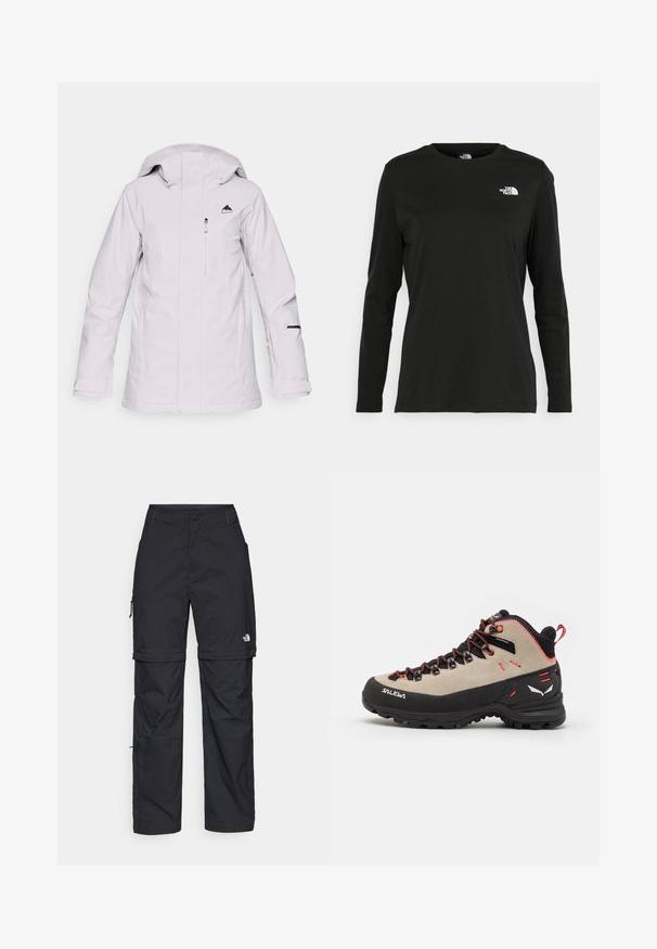 Giacca impermeabile grigio chiaro con zip frontale, cappuccio regolabile e logo nero sul petto. Presenta tasche con zip e dettagli neri.; T-shirt nera a maniche lunghe in cotone con colletto rotondo. Presenta un piccolo logo bianco sul lato sinistro del petto. Design semplice e vestibilità comoda.; Pantaloni cargo in nylon nero con zip rimovibile, polsini regolabili, molteplici tasche e un logo sulla gamba destra. Tessuto liscio e leggero.; Scarponi da trekking da uomo con tomaia in suede beige, suola in gomma nera, dettagli rossi e design con lacci per una vestibilità sicura.