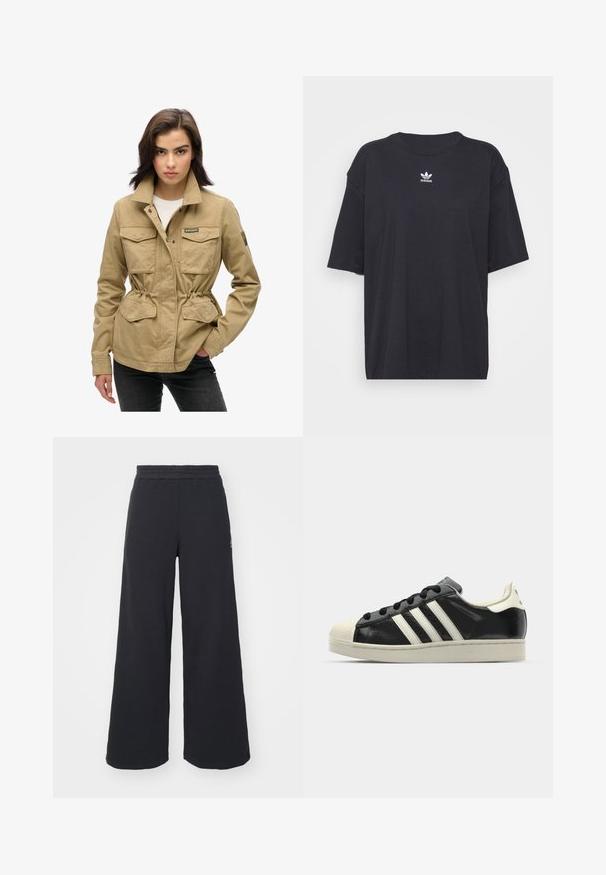 Beige utilityjack met een ritssluiting en drukknoopsluiting, twee borstzakken, trekkoord in de taille en een groen logopatch op de mouw. Geweven katoen.; Zwarte katoenen T-shirt met korte mouwen, ronde halslijn, voorzien van een wit Adidas-logo op de borst. Eenvoudig ontwerp, comfortabele pasvorm.; Zwarte wijde sweatpants gemaakt van zachte stof, met een elastische tailleband en een klein logo aan de linkerkant.; Zwarte leren sneaker met witte strepen, rubberen teenbescherming, zwarte veters en een crèmekleurige loopzool. Glad oppervlak met een glanzende afwerking.