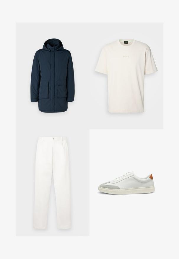 Marineblauer, gepolsterter Mantel mit Kapuze, gerader Schnitt, zwei vordere Taschen und geschlossenem Verschluss. Glatte Textur ohne erkennbare Muster.; BOSS TEE - T-Shirt basic - open white; Weiße Hose aus glattem Gewebe, mit geradem Bein, Vorderfalten und einem einzelnen Knopfverschluss an der Taille.; Weiße Leder-Sneaker mit grauen Wildlederakzenten und einer sandfarbenen Lederfersenschlaufe. Sie verfügen über eine strukturierte Oberfläche und eine leichte Sohle.