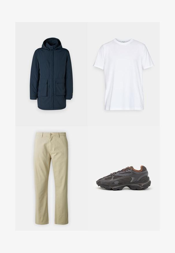 Tamsiai mėlynas pamuštas švarkas su gobtuvu, turintis tiesią kirpimą, dvi priekinės kišenes ir uždarą priekį. Lygi tekstūra be matomų raštų.; Balta medvilnė marškinėliai su trumpos rankovėmis, apvali iškirptė ir laisvas kirpimas. Yra minimalistinio dizaino, be raštų ar akcentų.; Bežiniai medvilniniai kelnės su tiesiais blauzdomis, priekyje su mygtukų uždarymu ir diržo kilpomis. Lygus paviršius, nėra matomų raštų ar akcentų.; Lacoste sportbačiai tamsiai pilki, pagaminti iš tinklinės ir sintetinių medžiagų, su tekstūruotu padu ir rudomis detalėmis ant apykaklės bei prekės ženklo.