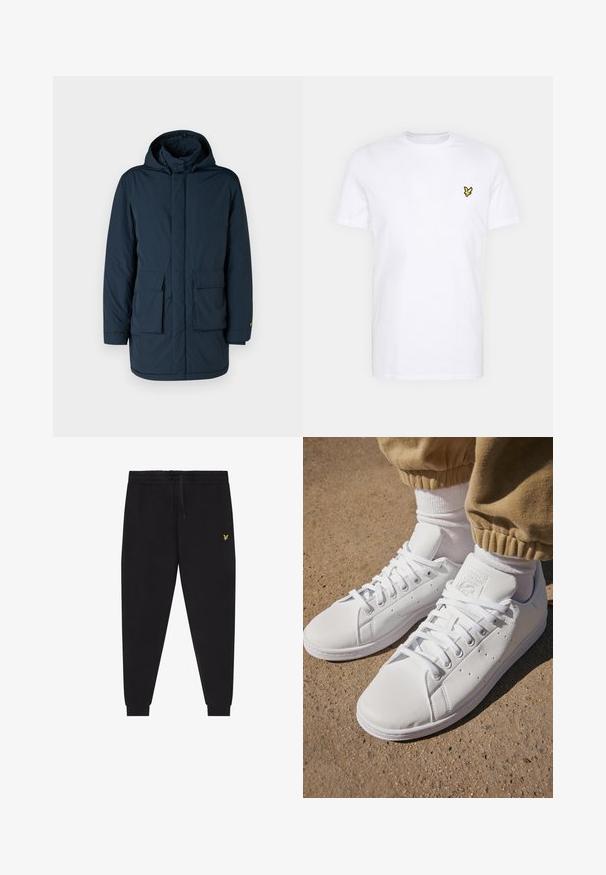 Marineblå polstret jakke med hette, med rett snitt, to frontlommer og lukket foran. Glatt tekstur uten synlige mønstre.; Hvit bomulls T-skjorte med en liten svart og gul brodert logo på venstre bryst. Korte ermer og rund hals.; Svarte joggebukser med elastisk midjebånd og snor, smale ben med mansjetter og liten gul brodert logo på høyre lår.; Hvite lær sneakers med en glatt overflate, med et klassisk snøresystem, perforeringer for pusteevne, og en teksturert gummiyttersåle.