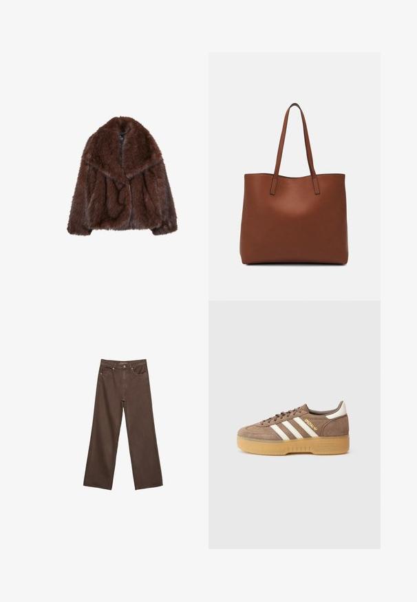 Brązowy płaszcz z futra sztucznego z szerokim kołnierzem, luźnym krojem i miękką teksturą. Charakteryzuje się objętościowym fasonem i brakiem widocznych zapięć.; Beżowy sweter z długim rękawem i okrągłym dekoltem, z prążkowanymi mankietami i dołem, wykonany z miękkiej dzianiny, ustawiony na białym tle.; Szerokie brązowe dżinsy wykonane z denimu, z wysokim stanem, przednimi kieszeniami i klasycznym zapięciem na guzik. Gładka faktura z subtelnym przeszyciem.; Brązowy zamszowy sneaker z trzema białymi paskami, złotym logo i teksturowaną gumową podeszwą. Zaokrąglony nosek i wyściełany kołnierz zapewniają komfort.; Brązowa skórzana torba tote o gładkiej fakturze, z otwartym wierzchem i dwoma ramiączkami. Charakteryzuje się minimalnym przeszyciem i brakiem widocznych elementów metalowych.