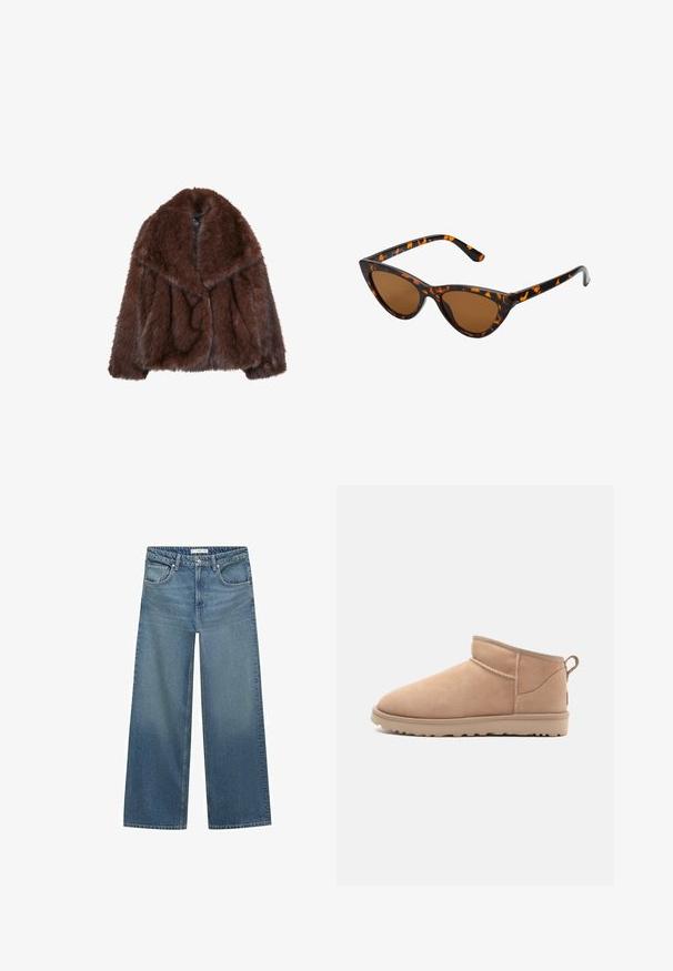 Brauner Kunstpelzmantel mit breitem Kragen, lockerer Passform und weicher Textur. Hat ein voluminöses Design und keine sichtbaren Verschlüsse.; Brauner Strickpullover mit rundem Halsausschnitt, überschnittenen Schultern und gerippten Bündchen. Weiche Textur, kurzes Design und lockere Passform.; Helleblaue weit geschnittene Jeans aus Denim mit mittelhoher Taille, zwei Fronttaschen und klassischen Nähten.; Beige Wildleder-Ankle-Boot mit abgerundetem Zehenbereich, weicher Textur, schlichtem Design und einer flachen Gummisohle. Mit einer Zuglasche auf der Rückseite.; Katzenaugen-Sonnenbrille mit einem schwarz-orangenen Schildpattrahmen, braunen Gläsern und schlanken, spitzen Enden. Verfügt über ein minimalistisches Logo am Bügel.; Dunkelbraune Wildleder-Handtasche mit strukturierter Form, ausgestattet mit zwei oberen Griffen und einem abnehmbaren Riemen mit einer goldfarbenen Schnallenakzent.