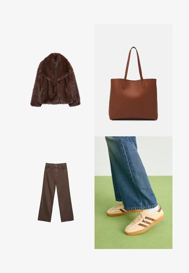 Bruine nepbontjas met een brede kraag, een losse pasvorm en een zachte textuur. Kenmerkt zich door een volumineus ontwerp en heeft geen zichtbare sluitingen.; Beige croptop met lange mouwen, ribbelboord bij de ronde hals, manchetten en onderkant, plat gelegd op een witte achtergrond.; Brede bruine spijkerbroek van denim, met een hoge taille, voorzakken en een klassieke knoopsluiting. Soepele textuur met subtiele stiksels.; Beige sneakers met gestructureerde crèmekleurige panelen en bruine strepen, gecombineerd met blauwe denim jeans. De jeans hebben een brede pijp en een rafelige zoom.; Bruine leren tote bag met een gladde textuur, een ontwerp met een open bovenkant en twee schouderbanden. Kenmerkt zich door minimale stiksels en geen zichtbare hardware.