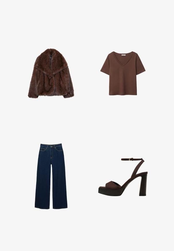 Cappotto in pelliccia sintetica marrone con un ampio colletto, vestibilità ampia e texture morbida. Presenta un design voluminoso e senza chiusure visibili.; T-shirt in cotone marrone con maniche corte e scollo a V profondo. Design semplice, texture morbida e orlo dritto. Senza fantasie o dettagli.; Jeans blu scuro a gamba larga in denim, con vita alta, cuciture a contrasto, tasche frontali e chiusura con bottone e zip.; Sandal in camoscio marrone con tacco alto, punta aperta, cinturino alla caviglia regolabile e suola a piattaforma striata.