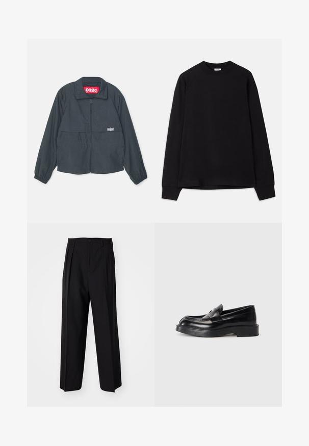 Geacă neagră cu fermoar, cu guler înalt, dotată cu două buzunare frontale, manșete elastice și o etichetă roșie în interiorul gulerului.; Tricou negru cu mânecă lungă, confecționat din bumbac moale. Are un decolteu rotund, o croială lejeră și manșete cu nervuri. Fără modele sau logo-uri vizibile.; Pantaloni negri plisat cu un design drept și pantaloni largi. Construiți dintr-un material neted, prevăzuți cu închidere cu nasture și bucle pentru curea.; Loaferi din piele neagră, cu vârf rotunjit, un design cusut în partea superioară și o talpă groasă din cauciuc. Textură netedă cu accente minime.
