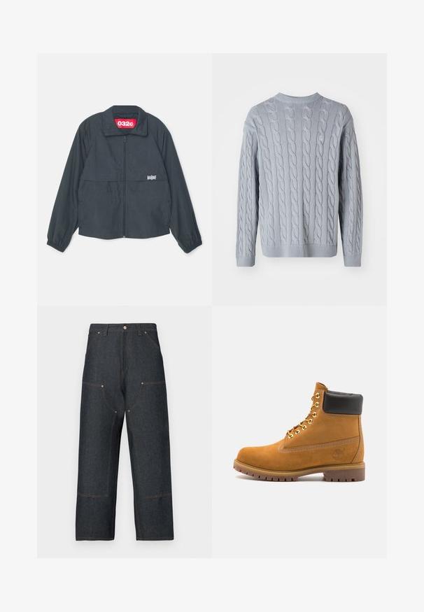 Black zip-up jacket with a high collar, featuring two front pockets, elastic cuffs, and a red label inside the collar.; Light blue knitted sweater with cable knit pattern, long sleeves, and round neckline. Ribbed cuffs and hem add texture and structure.; Dark blue denim jeans with a wide leg design, featuring contrasting orange stitching, front pockets, and a classic button closure.; Tan suede ankle boot with black padded collar, gold metal eyelets, white stitching detailing, and rugged rubber sole with pronounced treads.