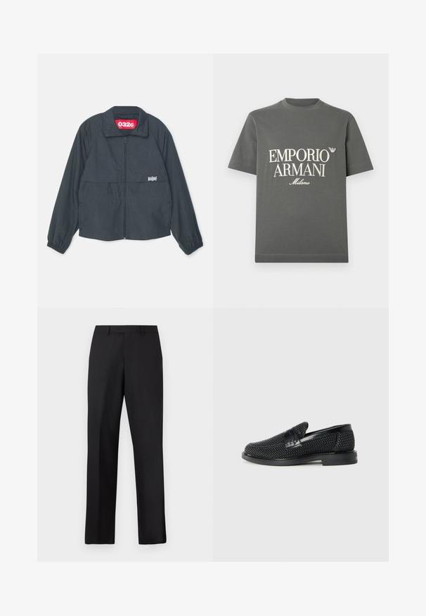 Melnā jaka ar rāvējslēdzēju un augstu apkakli, ar divām priekšējām kabatām, elastīgām piedurknēm un sarkanu birku iekšpusē apkakles.; Pelēka kokvilnas T-krekls ar īsām piedurknēm un apaļu izgriezumu, uz krūtīm ar baltu lielu tekstu un logotipu. Gluda struktūra, vienkāršs dizains.; Melnas, taisnas bikses no gludas auduma. Tām ir standarta jostasvieta, bez redzamiem rakstiem vai akcentsiem.; Melnas austas slaidu kurpes ar gludu ādas akcentu augšpusē, apaļas formas purngalu un zemas profila gumijas zoli.