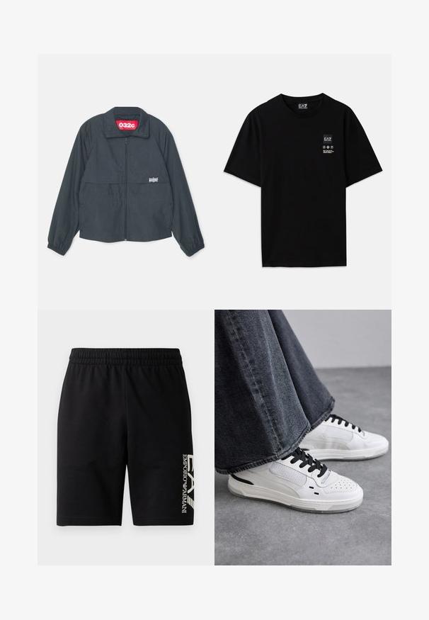 Svart zip-up jacka med hög krage, med två framfickor, elastiska muddar och en röd etikett inuti kragen.; Svart bomullströja med korta ärmar, rund halsringning och en liten logotags på framsidan med vårdsymboler i vitt.; EA7 Emporio Armani TRAIN VISIBILITY - Shorts - black/cream; Vita sneakers med svarta snören och nätdetaljer. Har en slät läderöverdel och en texturerad gummisula. Parat med vida grå jeans.