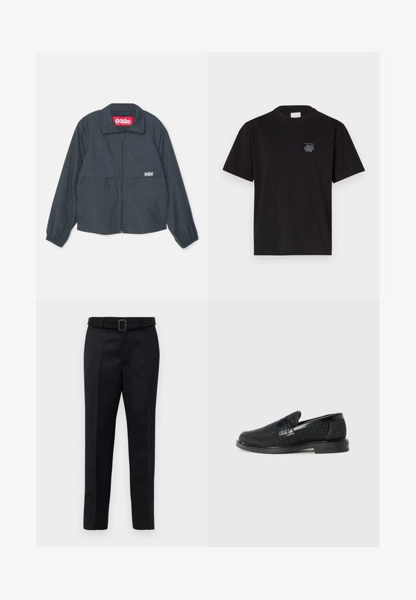 Čierna zipová bunda s vysokým golierom, obsahujúca dve predné vrecká, elastické manžety a červenú nášivku vo vnútri goliera.; Čierne bavlnené tričko s okrúhlym výstrihom a krátkymi rukávmi. Obsahuje malú modrú nášivku na ľavej hrudi. Jednoduchý, rovný strih.; Čierne nohavice na mieru majú hladkú tkaninu, rovný strih a opasok s obdĺžnikovou sponou. Výrazné predné skladky zvýrazňujú dizajn.; Čierne tkané slip-on topánky s hladkým koženým akcentom na vrchnej časti, s okrúlym dizajnom špičky a nízkoprofilovou gumovou podrážkou.