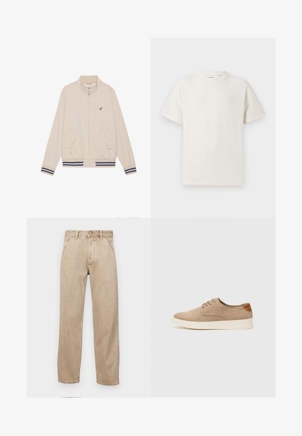 Veste légère beige avec un col montant, fermeture éclair, deux poches avant et des accents rayés bleu marine aux poignets et à l'ourlet. Présente un logo brodé.; T-shirt blanc à manches courtes en texture côtelée. Encolure ronde, coupe décontractée, sans motifs ni accents visibles. Design simple et polyvalent.; Jeans en denim beige avec une coupe droite, dotés de poches avant, d'une fermeture à bouton en métal et d'une texture subtile.; Baskets en daim beige avec un embout arrondi, un laçage sur le devant et un accent texturé à l'arrière. La semelle en caoutchouc blanche offre un contraste. Design simple et moderne.