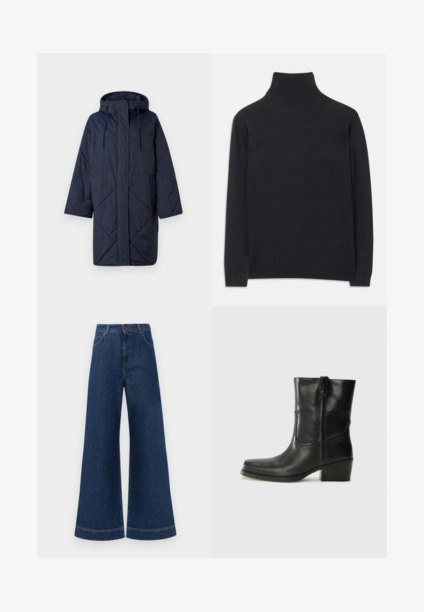 WEEKEND MaxMara GIUNTO - Ziemas mētelis - blu; Melns augstais kakls džemperis no mīksta auduma. Tam ir garas piedurknes, augsts kakls un ribotas aproces un apakšmala, lai radītu pieguļošu izskatu.; Plati ziladenim bikses ar augstu jostasvietu, kas aprīkotas ar pogas aizdari, jostu cilpām un nelieliem šuvju detalizējumiem ap kabatām un malām.; Melna ādas potīte ar noapaļotu purngalu, bloku papēdi, sānu rāvējslēdzēju un šuvju akcentiem uz virsmas. Gluda tekstūra, klasiskā dizaina.