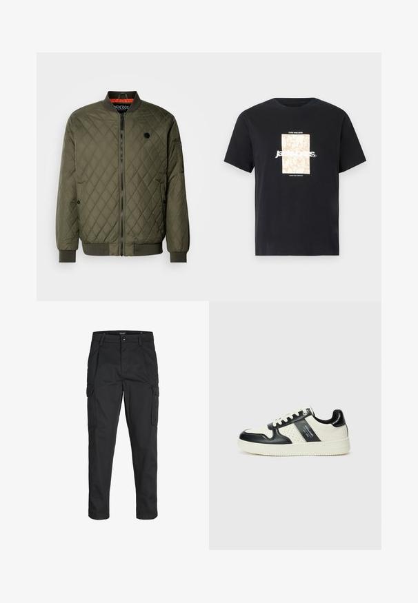 Giacca bomber trapuntata verde oliva con zip nera, polsini a coste e fodera arancione a contrasto. Presenta tasche laterali e un accento con logo.; Maglietta in cotone nera con collo tondo. Presenta una grafica rettangolare beige e il testo bianco, "JAWO," centrato sulla parte frontale. Maniche corte.; Pantaloni cargo neri realizzati in un tessuto resistente, dotati di molteplici tasche, chiusura con bottone e un design aderente con gambe affusolate.; Sneakers in pelle con una combinazione di colori nero e crema, dotati di dettagli perforati, collare imbottito e suola testurizzata.