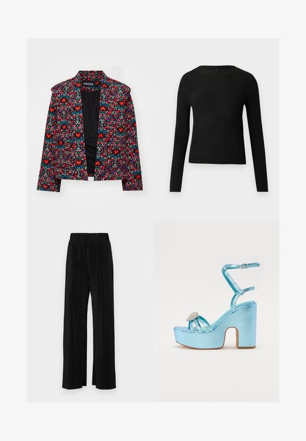 Pieces PCSAROLINE SHORT JACKET - Lengva striukė - black; Juoda dryžuota ilga rankovė prigludusi megztinis su apvalia iškirpte, pateiktas prieš paprastą šviesią fono.; Juodi plisuoti kelnės su elastine juosta. Turėkite plačias kojas ir glotnų, tekstūrinį audinį su vertikaliais dryžiais.; Mėlynos metalinės platforminės basutės su storu kulnu, su kryžminiais dirželiais ir papuošimu ant pirštų.