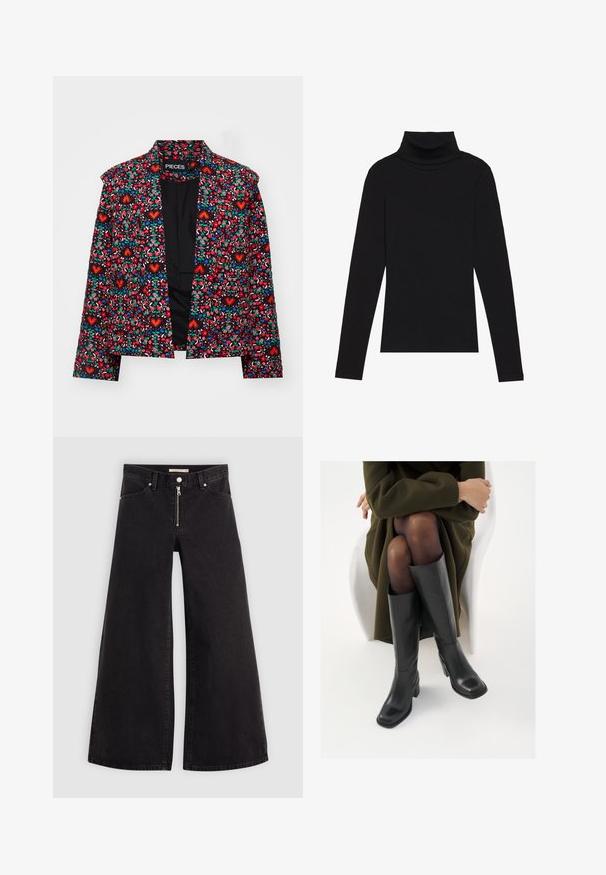 Pieces PCSAROLINE SHORT JACKET - Overgangsjakke - black; Sort højhalset bluse med lange ærmer, lavet af ribbet stof, har et tætsiddende design med en høj krave og uden mønstre eller detaljer.; Vide ben jeans i sort denim med lynlås foran, fem lomme-design og subtile stikninger. Glat tekstur og afslappet stil.; Knæhøje sorte læder støvler med firkantet tå og blokhæl, vist med en model siddende i en olivengrøn frakke. Glat tekstur, minimal detaljer.