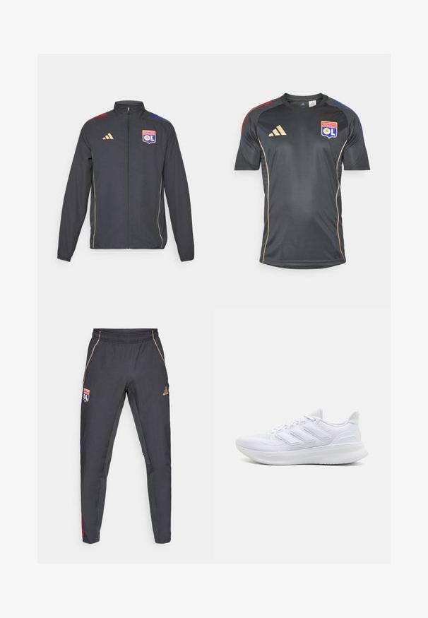 Giacca sportiva nera con accenti dorati, dotata di cerniera completa, colletto alto e strisce orizzontali blu e rosse sulle spalle. Logo dell'Olympique Lyonnais.; Maglia sportiva nera con maniche corte, con accenti dorati e logo della squadra. Realizzata in materiale liscio e traspirante.; Pantaloni sportivi grigio scuro con accenti dorati, dotati di una vita, patch con logo e dettagli laterali rossi e blu. Texture del tessuto liscia.; Scarpe sportive bianche con tomaia in mesh texturato, suola ammortizzata e supportiva, e design a tre strisce sul lato.