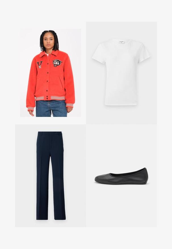 Röd fleecejacka med krage, svarta tryckknappar, sidfickor och randiga muddar. Har broderade tiger- och bokstavs "V"-lappar.; Vit bomulls t-shirt med rundad halsringning och korta ärmar, med en avslappnad passform och minimalistisk design. Etikett synlig vid nacken.; Marinblå byxor i slät tyg med rak bendesign, framfickor och sidsömmar för en skräddarsydd look.; Svart läderballerinaskor med rund tå, slät yta, minimala söm detaljer och en flexibel sula.