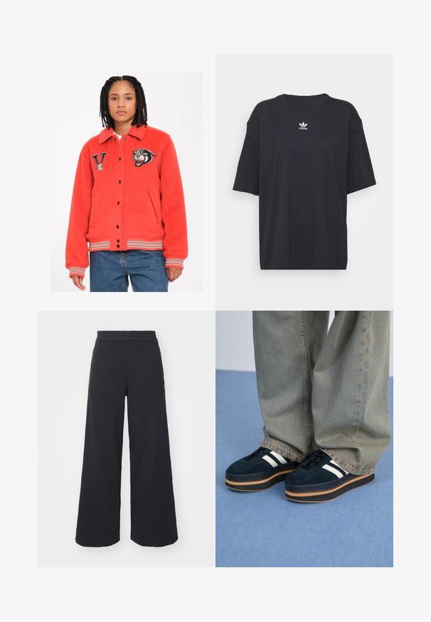 Chaqueta de forro polar roja con cuello, botones a presión negros, bolsillos laterales y puños a rayas. Presenta parches bordados de un tigre y la letra "V".; Camiseta de algodón negra con mangas cortas, cuello redondo, presenta un logo blanco de Adidas en el pecho. Diseño simple, ajuste relajado.; Pantalones de chándal negros de pierna ancha, hechos de una tela suave, con una cintura elástica y un pequeño logo en el lado izquierdo.; Zapatillas de plataforma de ante azul oscuro con rayas blancas y cordones negros. Cuentan con una gruesa suela de goma marrón. Llevadas con pantalones de mezclilla azul claro.