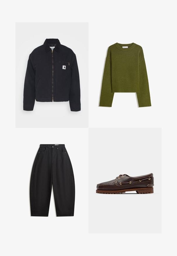 Zwart denim jack met een corduroy kraag, ritssluiting vooraan en een borstzak met een gouden rits en een logo patch aan de linkerkant.; Olijfgroene gebreide trui met een ronde hals, lange mouwen en een geribde zoom. Beschikt over een cropped ontwerp met een zachte, gestructureerde afwerking.; Zwarte wijde broek gemaakt van katoen, met een hoge taille, vijf zakken en metalen knoopsluiting. Gladde textuur en geen zichtbare patronen.; Bruine leren bootsschoen met gouden oogjes, ronde veters en een gestructureerde bruine rubberen zool. Kenmerkt zich door gestikte details en een verhoogd logo.