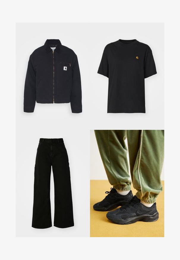 Schwarze Jeansjacke mit samtigem Kragen, Reißverschluss vorne und einer Brusttasche mit einem goldenen Reißverschluss und einem Logo-Patch auf der linken Seite.; Schwarzes Baumwoll-T-Shirt mit lockerer Passform. Hat einen Rundhalsausschnitt und kurze Ärmel. Enthält ein kleines, goldfarben gesticktes Logo auf der Brust.; Schwarze weite Cargo-Jeans mit hohem Bund, Frontknopfverschluss und Seitentaschen. Glatte Textur mit minimaler Naht.; Schwarze Sportsneakers aus Mesh und synthetischen Überzügen, mit strukturierten Sohlen, kombiniert mit grünen Sweatpants mit elastischen Bündchen, auf gelbem Untergrund.