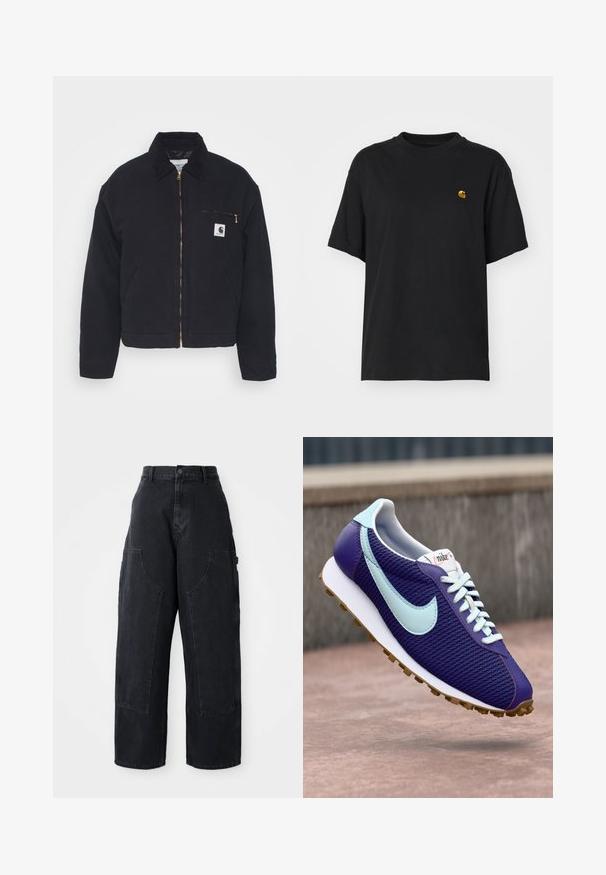 Mustast denim-jakk, millel on sametist krae, lukuga eesmine osa ja rinnatasku, millel on kuldne tõmblukk ja logo-patch vasakul kõrval.; Must must särk lõdva lõikega. Omab ümmargust kaelust ja lühikesi varrukaid. Rinnal on väike kuldne tikandiga logo.; Mustad denim laiad sääred cargo püksid kõrge vöökoht, kahe suure ees oleva taskuga ja nööpkinni klõpsuga vöökoht. Sile tekstuur, kõrvaline kujundus.; Lilla Nike ketsju, millel on helesinine Swoosh, valged paelad ja kummi tallad, näidatud betoonpinna kohal õues hõljuvana.