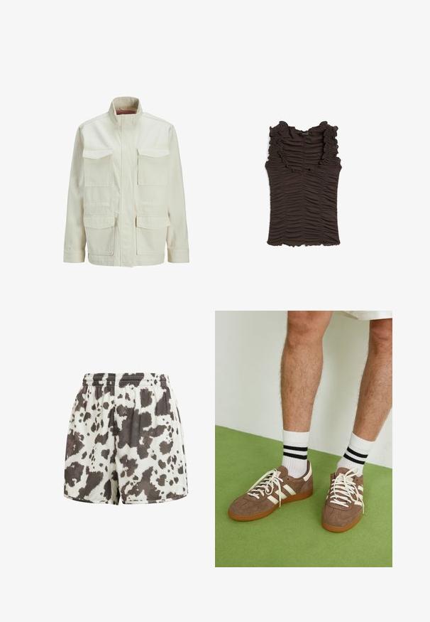 Crèmekleurige jas van een katoenmix, voorzien van een hoge kraag, twee borstzakken en twee zijzakken met een gestructureerde, boxy pasvorm.; Bruine mouwloze top met een ruches halslijn en geplooide stof door het hele kledingstuk. Heeft een aansluitende pasvorm en een gestructureerd oppervlak.; Trekkoorts in crème met een bruin en zwart koeienpatroon. Zachte textuur, losse pasvorm, gestikte zoom en elastische tailleband.; Bruine suède sneakers met witte accenten en veters. Rubberen gumzool. Draag met witte sokken met zwarte strepen. Groene gestructureerde vloer.