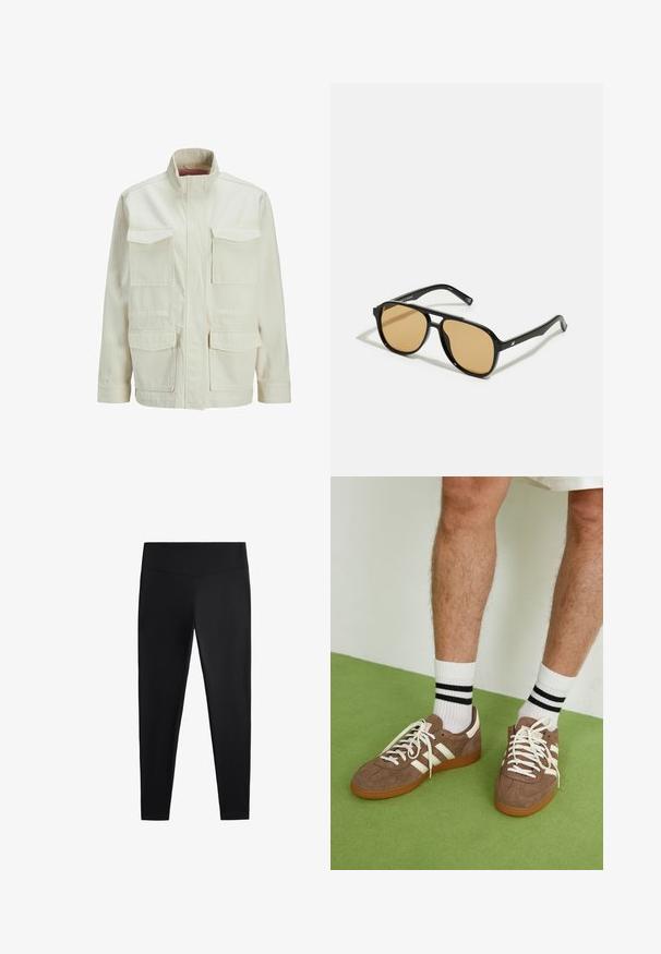 Jachetă de culoare crem, realizată dintr-un amestec de bumbac, având un guler înalt, două buzunare pe piept și două buzunare laterale, cu un croi structurat, de tip boxy.; Top din bumbac alb cu nervuri, având un logo brodat negru centrat pe piept. Decolteul și brațele sunt terminate cu o margine subtilă.; Colanți negri realizați dintr-un material neted și elastic. Prezintă o talie lată și un design cu picioare conice, potriviți pentru activități sportive sau purtat casual.; Adidași maro din suede cu accente și șireturi albe. Talpă din cauciuc de culoare caramel. Purtați cu șosete albe cu dungi negre. Pardoseală verde texturată.; Ochelari de soare negri cu lentile de culoare maro; formă rectangulară cu un cadru gros, inclusiv accente hardware subtile pe mânere.